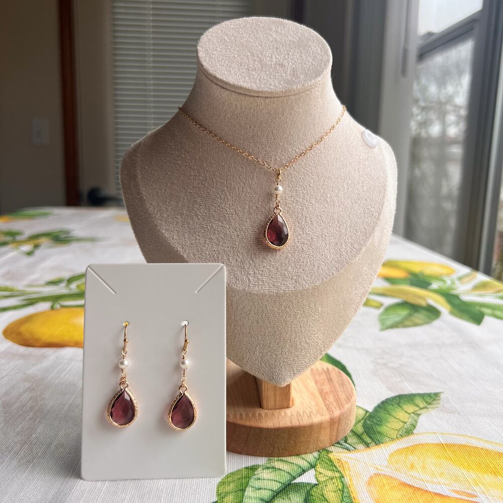 Garnet Wine Red Crystal Glass Pearl Bridgerton Jewelry Set Victorian Romantic